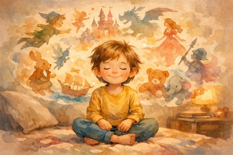 Child visualizing storybook characters while listening to a story