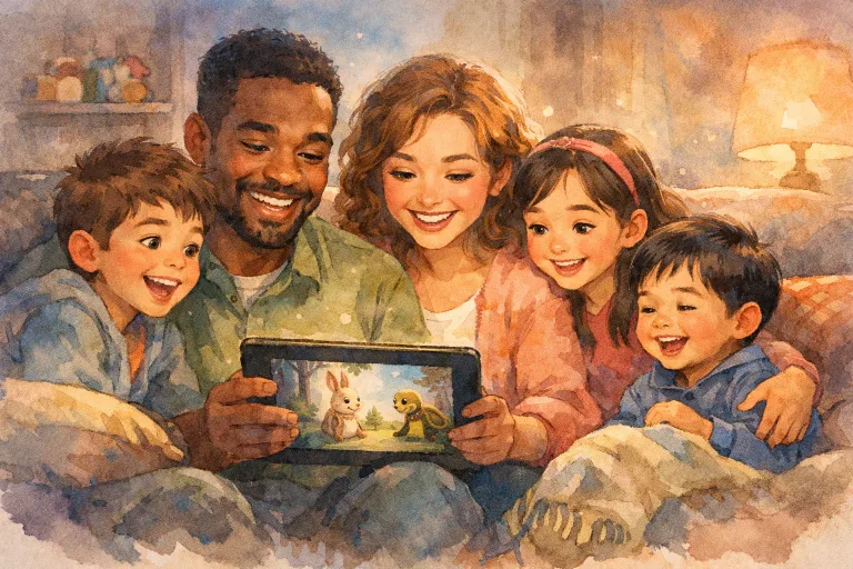 Family gathered on couch watching animated moral video