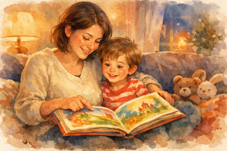 Parent and child reading a colorful storybook together in a cozy setting