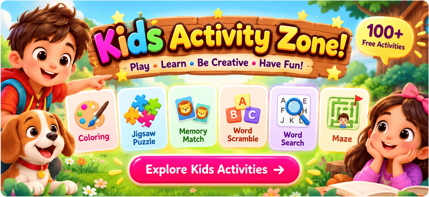 Kids Activity Zone with free coloring, puzzles, mazes and word games