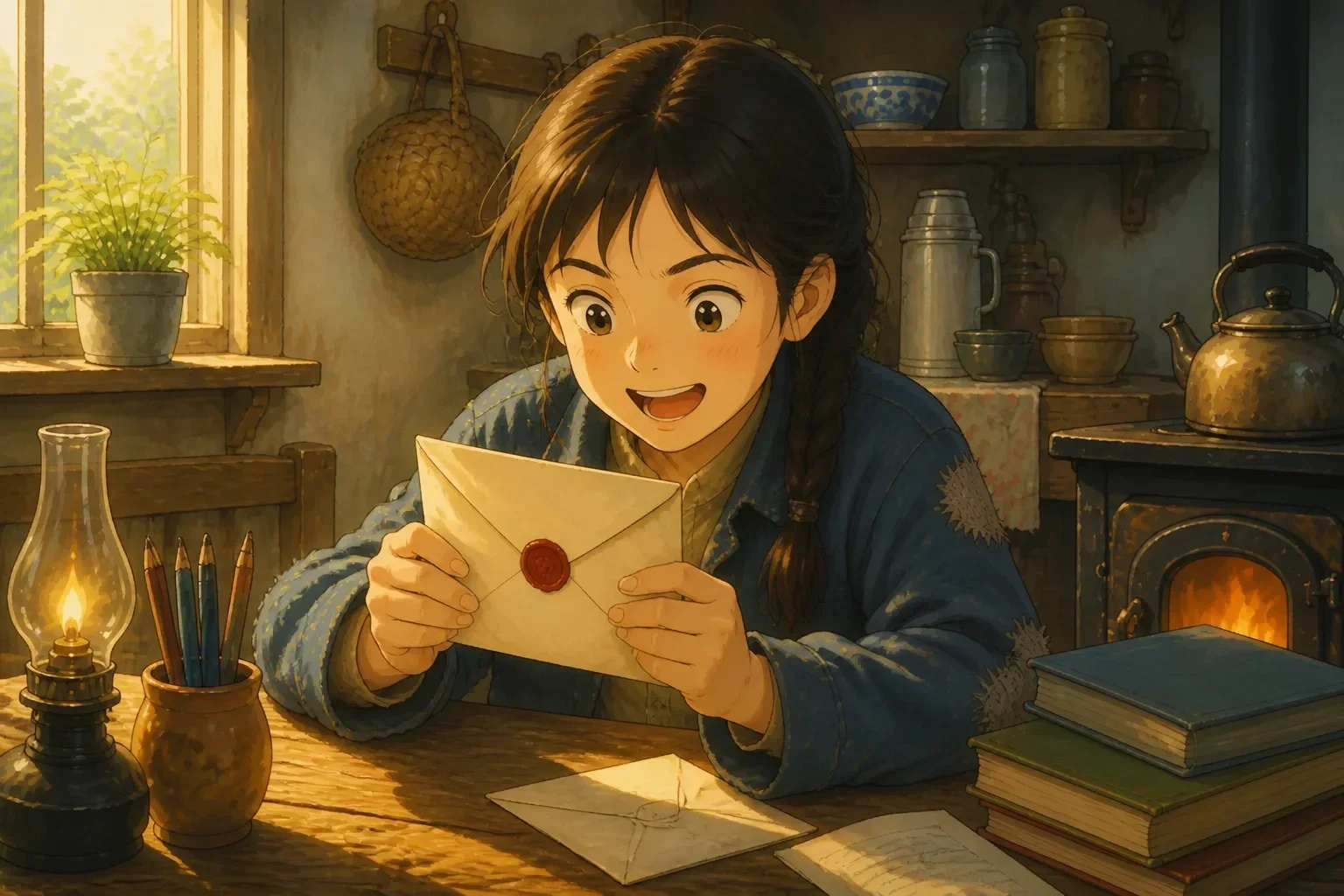 A girl opening a large envelope with a crimson seal, her face lighting up with surprise and joy as she reads the acceptance letter from Harvard.
