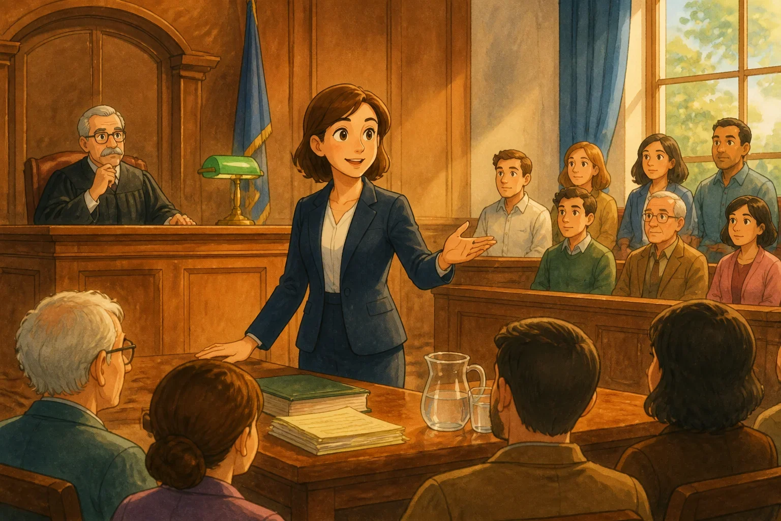 A confident advocate standing in a courtroom with a judge and jury listening attentively, demonstrating the pursuit of justice.