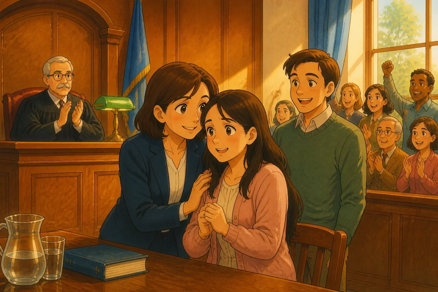 A courtroom scene where Sarah is declared not guilty, with Thomas standing confidently nearby, witnesses and jury present, and a sense of relief and happiness in the air.