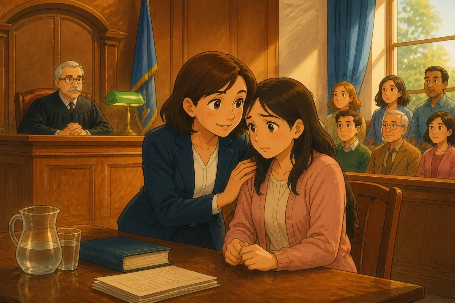 An emotional scene of a lawyer providing support and reassurance to a woman on trial, with a tense courtroom atmosphere.