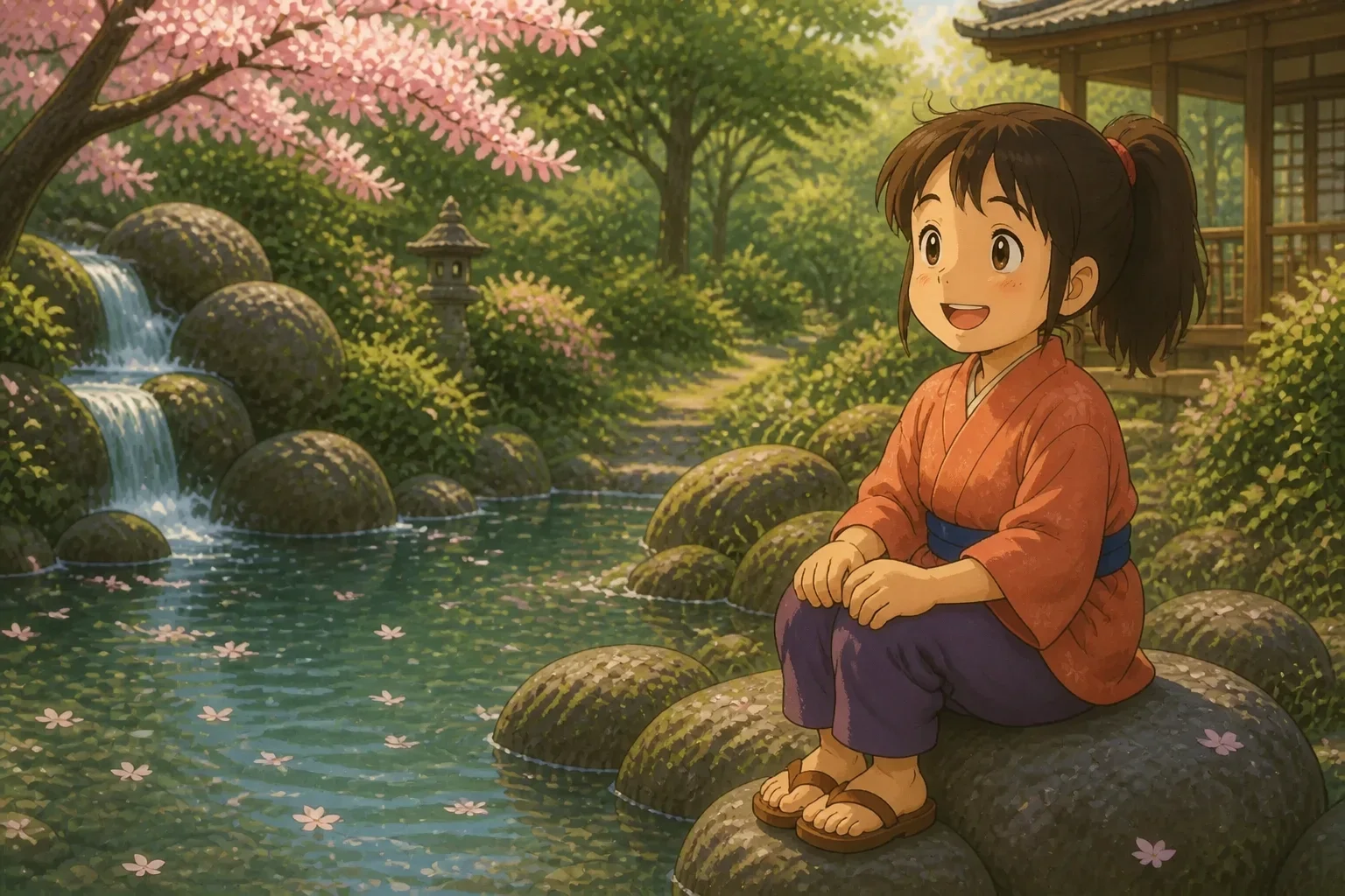 A young girl feeling happy and peaceful, sitting contentedly by the pond, reflecting her inner transformation after practicing mindfulness.
