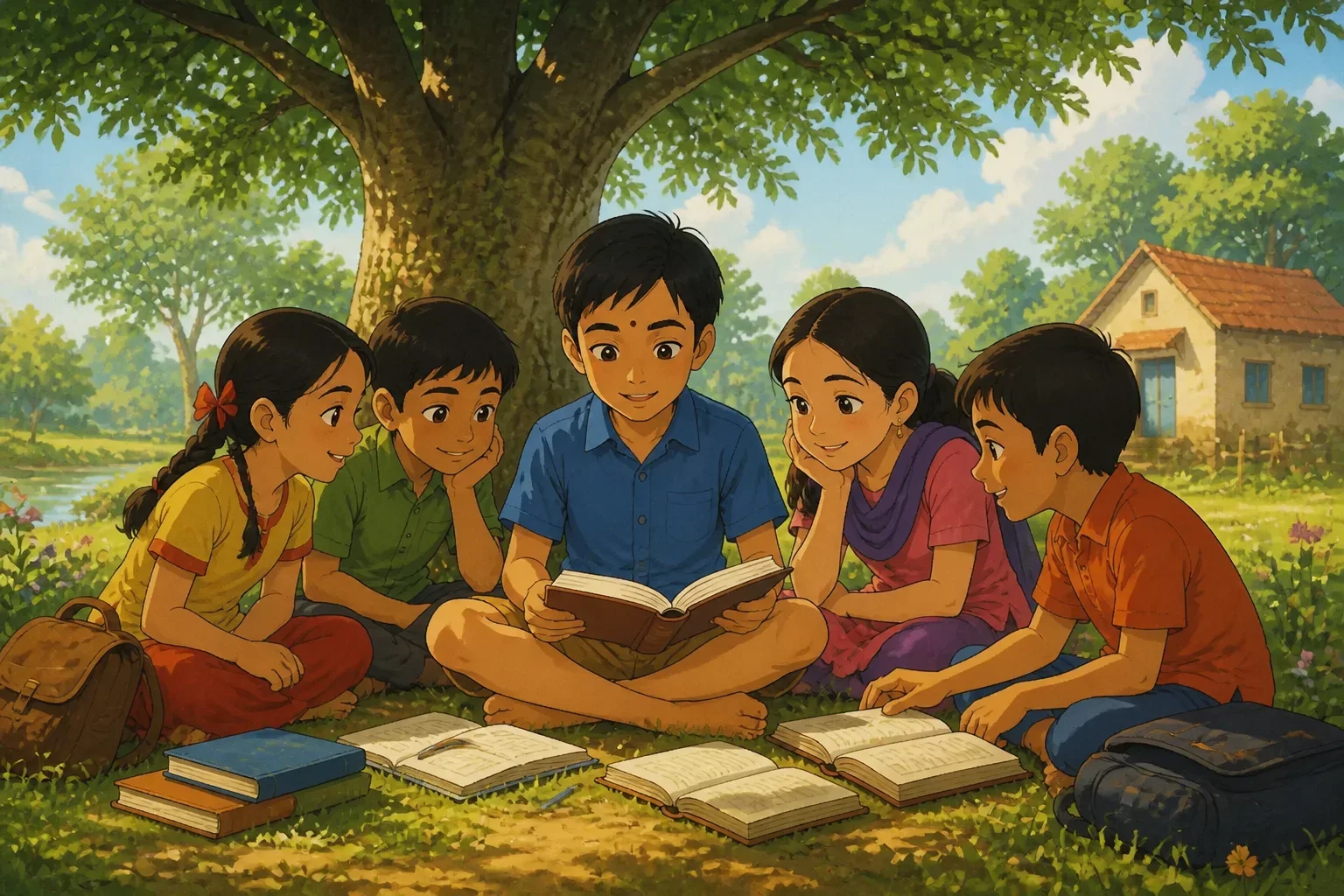 A young boy, Aakash, sitting under a large tree with other children, studying happily with books spread out, symbolizing hope and education.