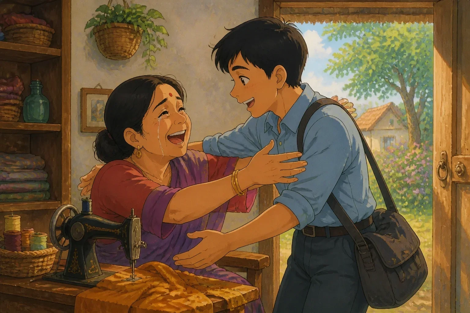 Aakash, now in a formal shirt, excitedly telling his mother about passing the IAS exam, both smiling happily in their humble home.