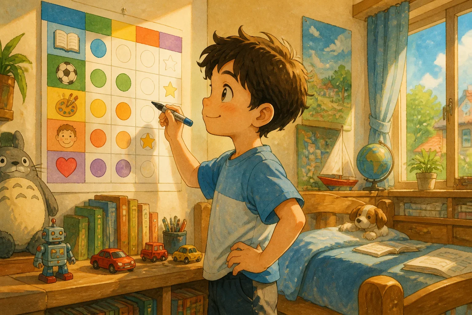 A young boy named Alex in his messy bedroom, holding a marker and smiling at a colorful goal chart on the wall, surrounded by toys and books, with sunlight streaming in, showing his determination to organize and set goals.
