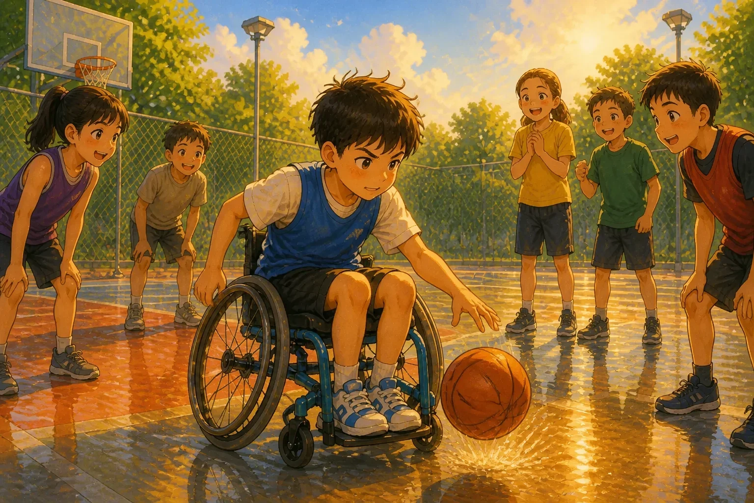 Young boy in a wheelchair practicing dribbling a basketball, focusing intently with an expression of perseverance amid a busy court.