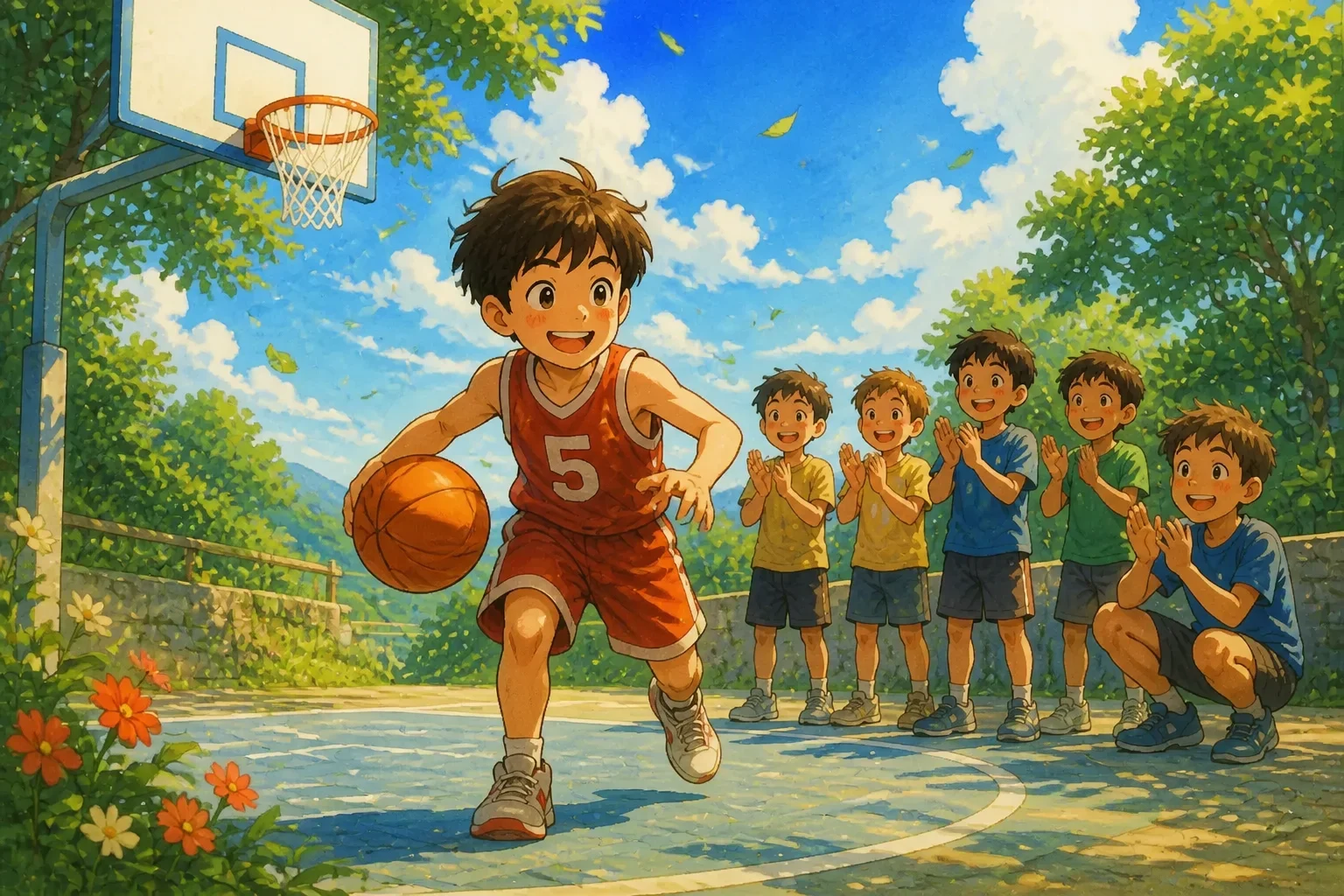 A confident Alex practicing basketball with a big smile, friends cheering him on in the background, showing his growth and discipline.