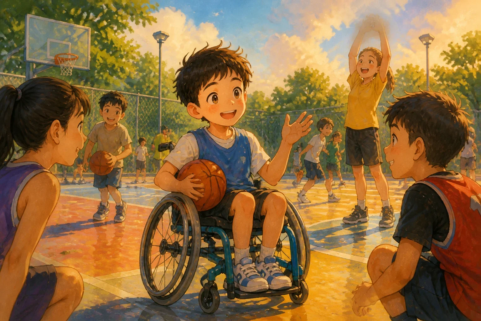 Young boy in a wheelchair confidently introducing himself on a basketball court with kids warming up around him, showing determination and hope.