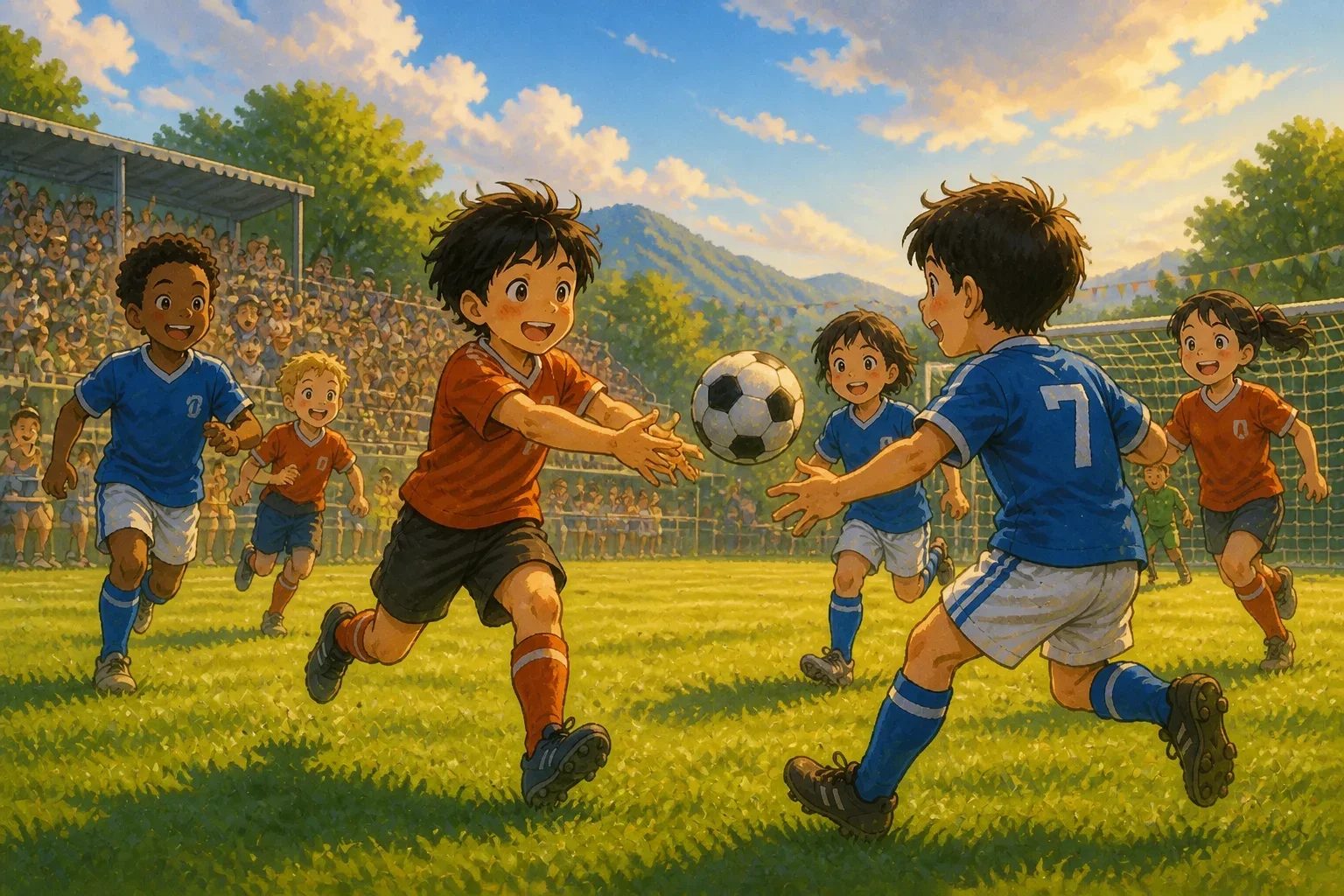 A focused boy passing the football to his teammate Carlos during a tense match, with players and cheering crowd in the background.
