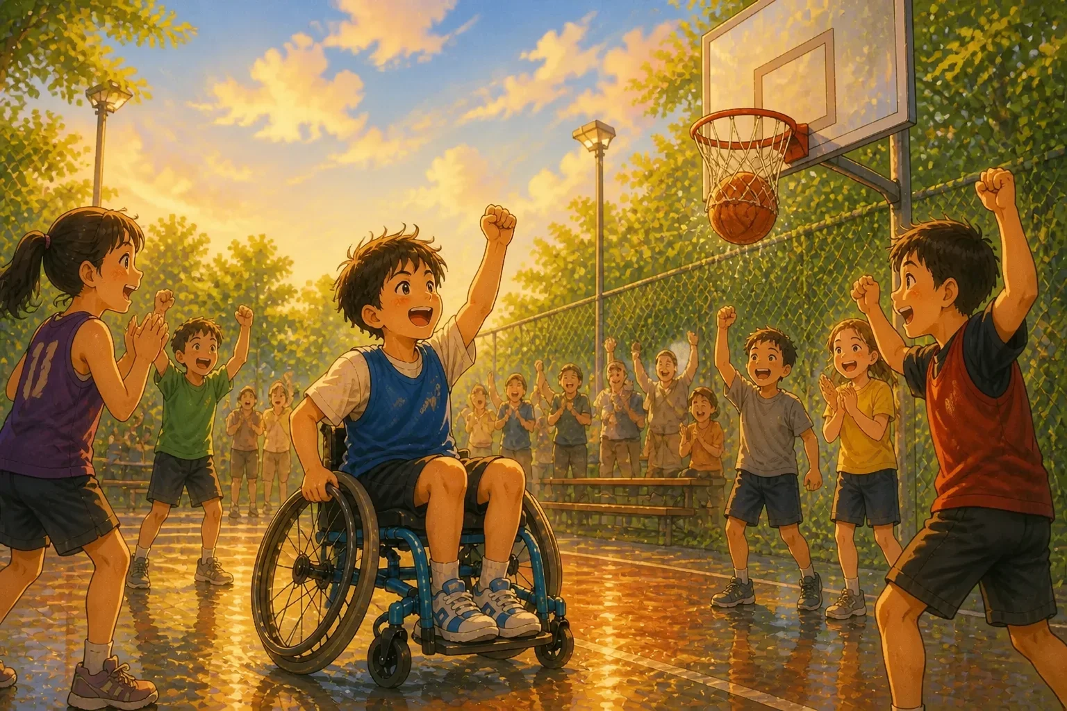 Young boy in a wheelchair scoring a basket during a lively basketball game with cheering teammates and crowd, triumphant and happy.