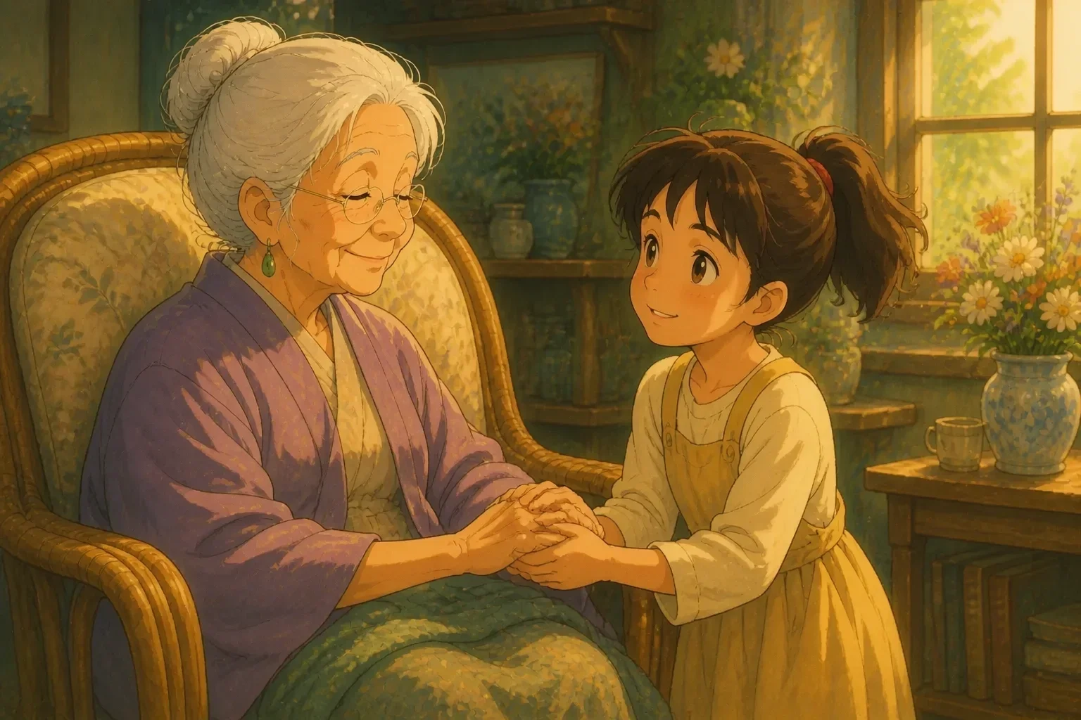 Amelia peacefully closing her eyes with a gentle smile as she feels content and loved, surrounded by her art and with Lily by her side, symbolizing acceptance and the end of her journey.