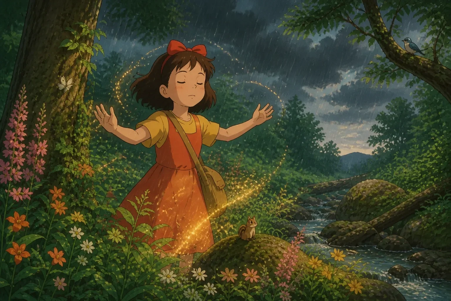 A young girl in a forest clearing, closing her eyes and reciting a chant as clouds gather above, signaling her attempt to bring rain.