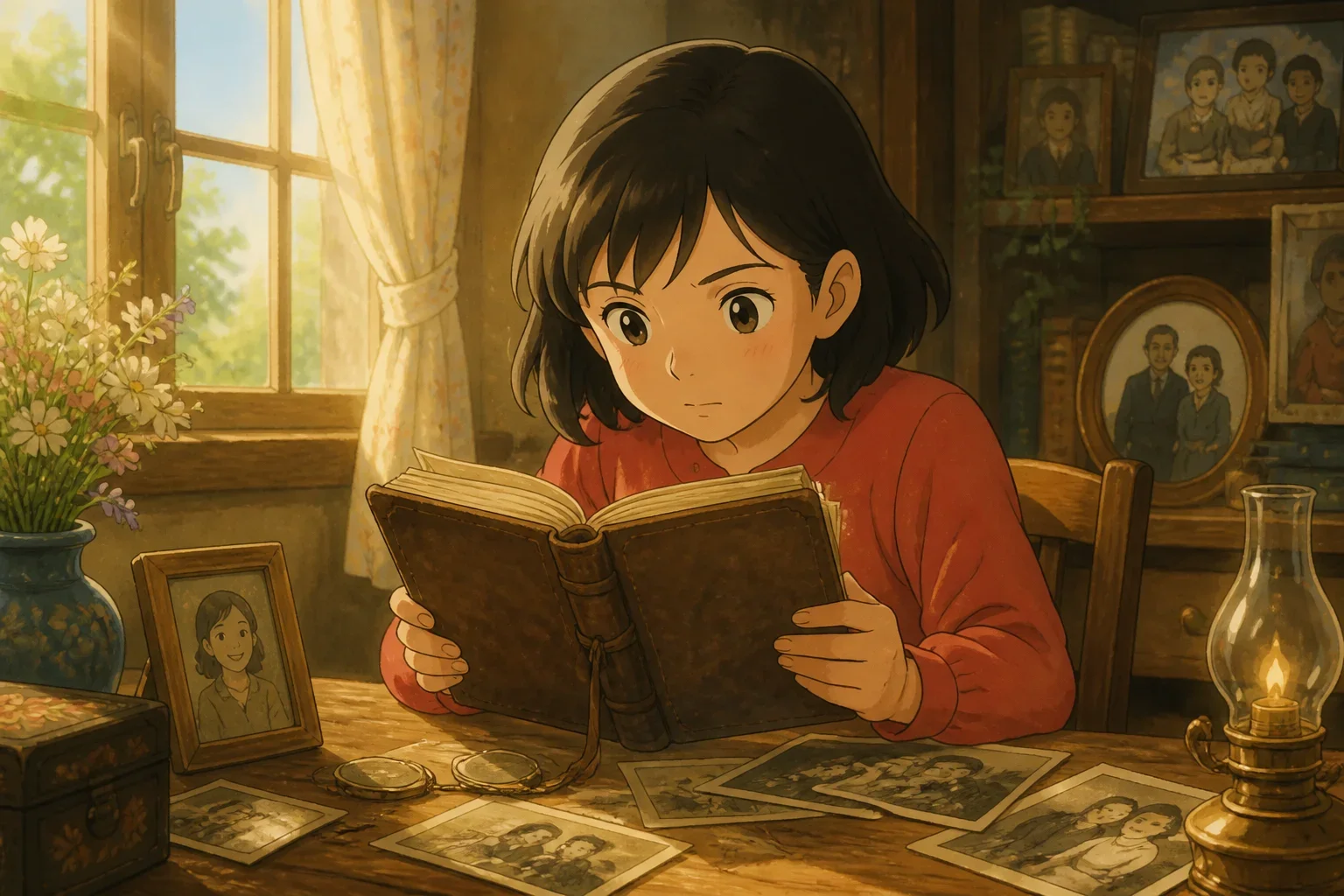 Young girl Amelia reading her grandmother's journal with a hopeful smile in a cozy, warm room.