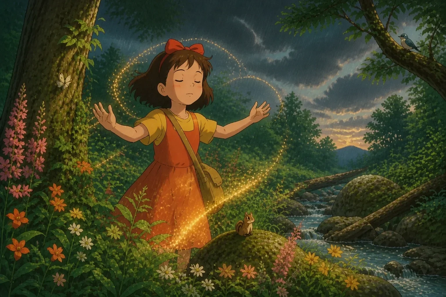 A young girl in a forest clearing, reciting an incantation as clouds gather above and rain begins to fall.