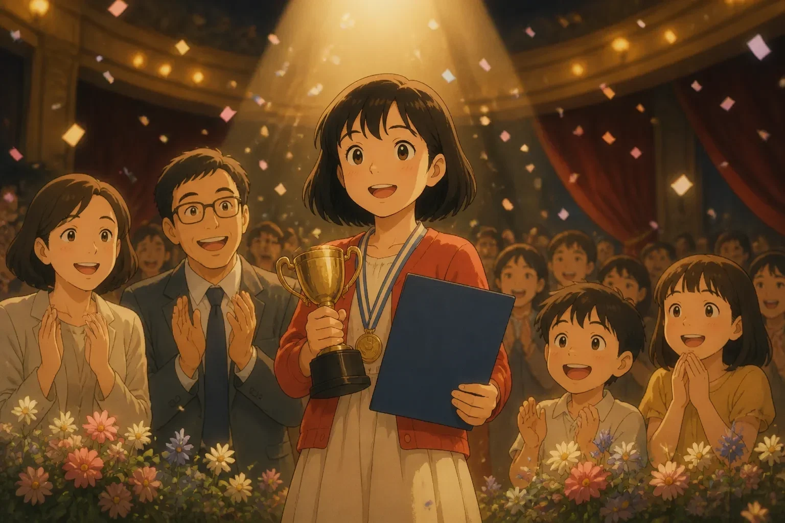 Amelia joyfully accepting a scholarship award on stage, surrounded by family and friends, in a festive atmosphere.