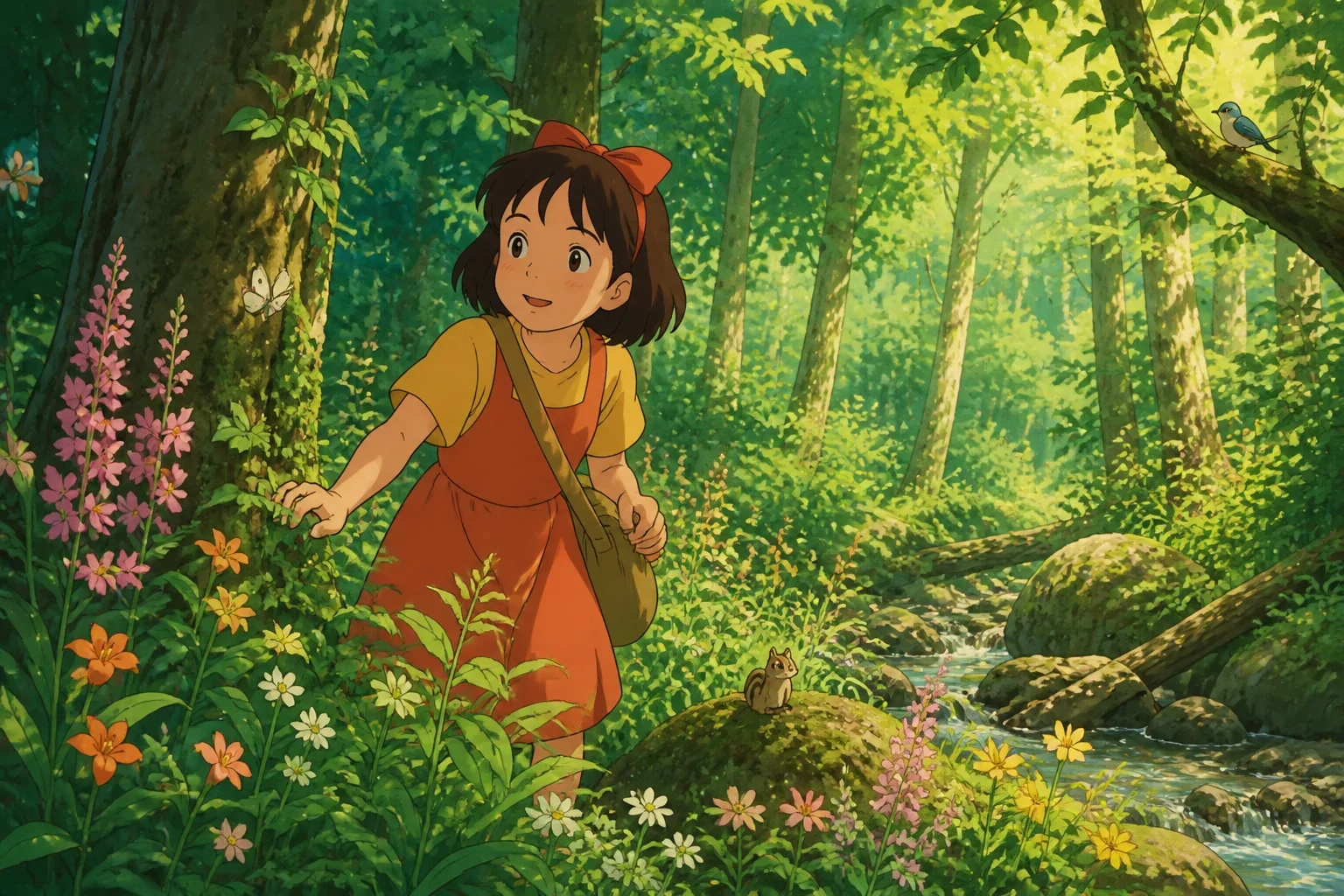 A young girl with bright curious eyes exploring a lush green forest, with sunlight filtering through the trees.