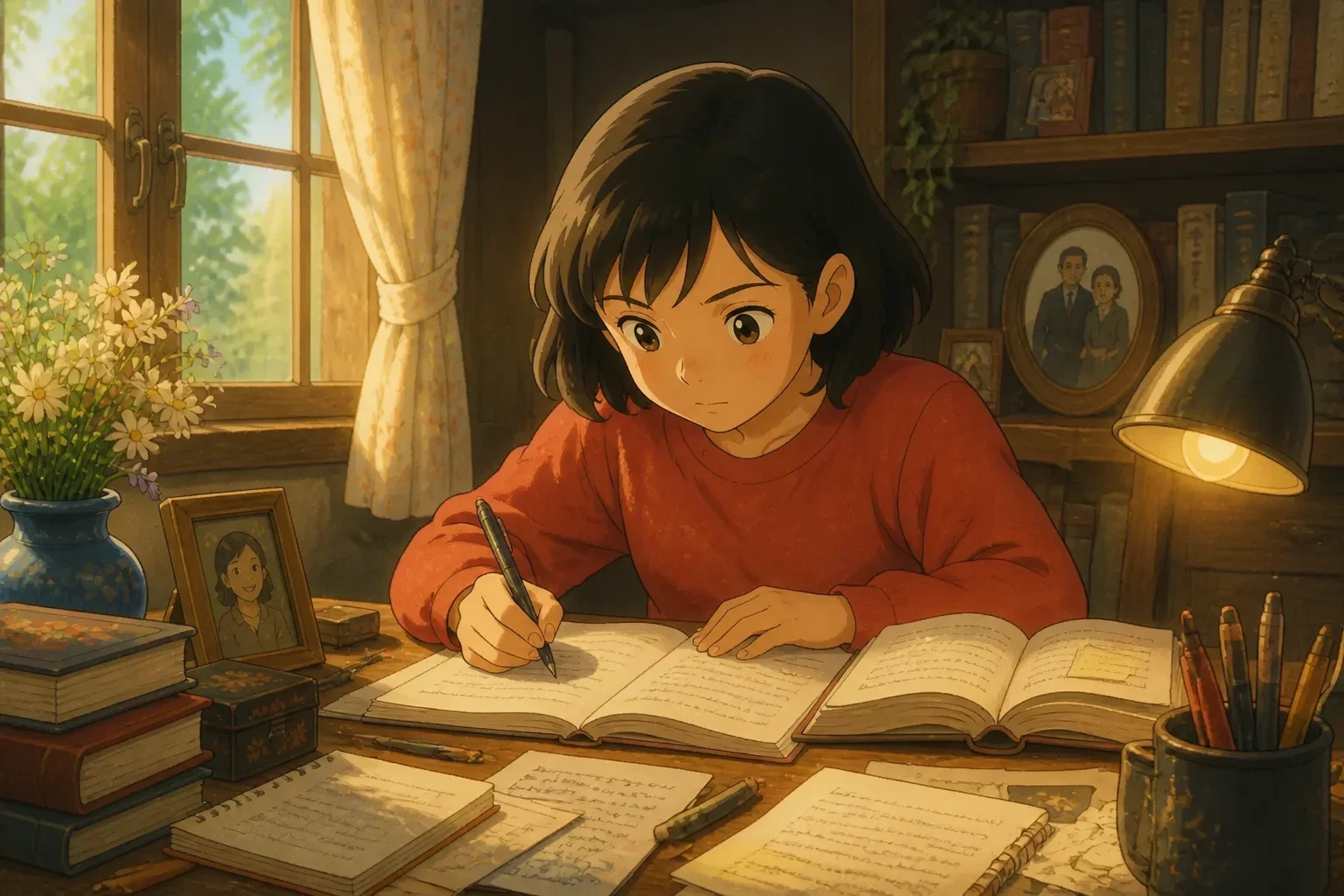 Amelia studying diligently at a desk with books and notes, showing focus and perseverance.