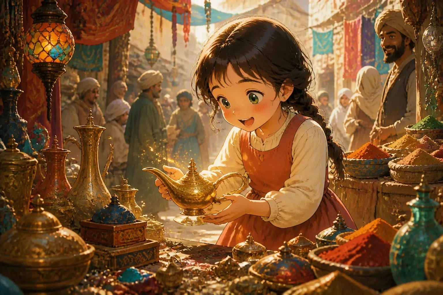 A young girl, Amina, discovering a dusty, glowing magic lamp in an ancient bazaar filled with colorful fabrics and vibrant market stalls.