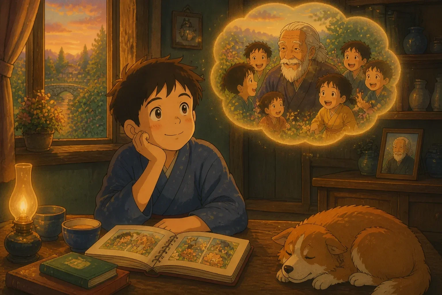 Young boy Amir with a gentle, hopeful expression, sitting thoughtfully in a cozy, warm room, symbolizing understanding and acceptance of his grandmother’s spirit and the story’s moral.
