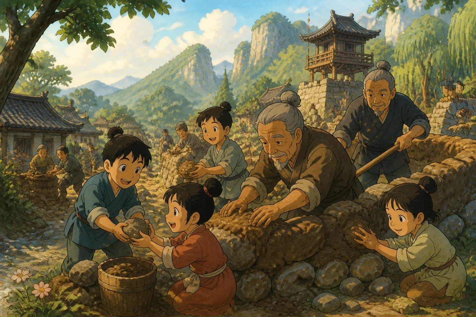 Children and elders working together to build small protective walls with earth and wood in an ancient Chinese village during the Warring States period.