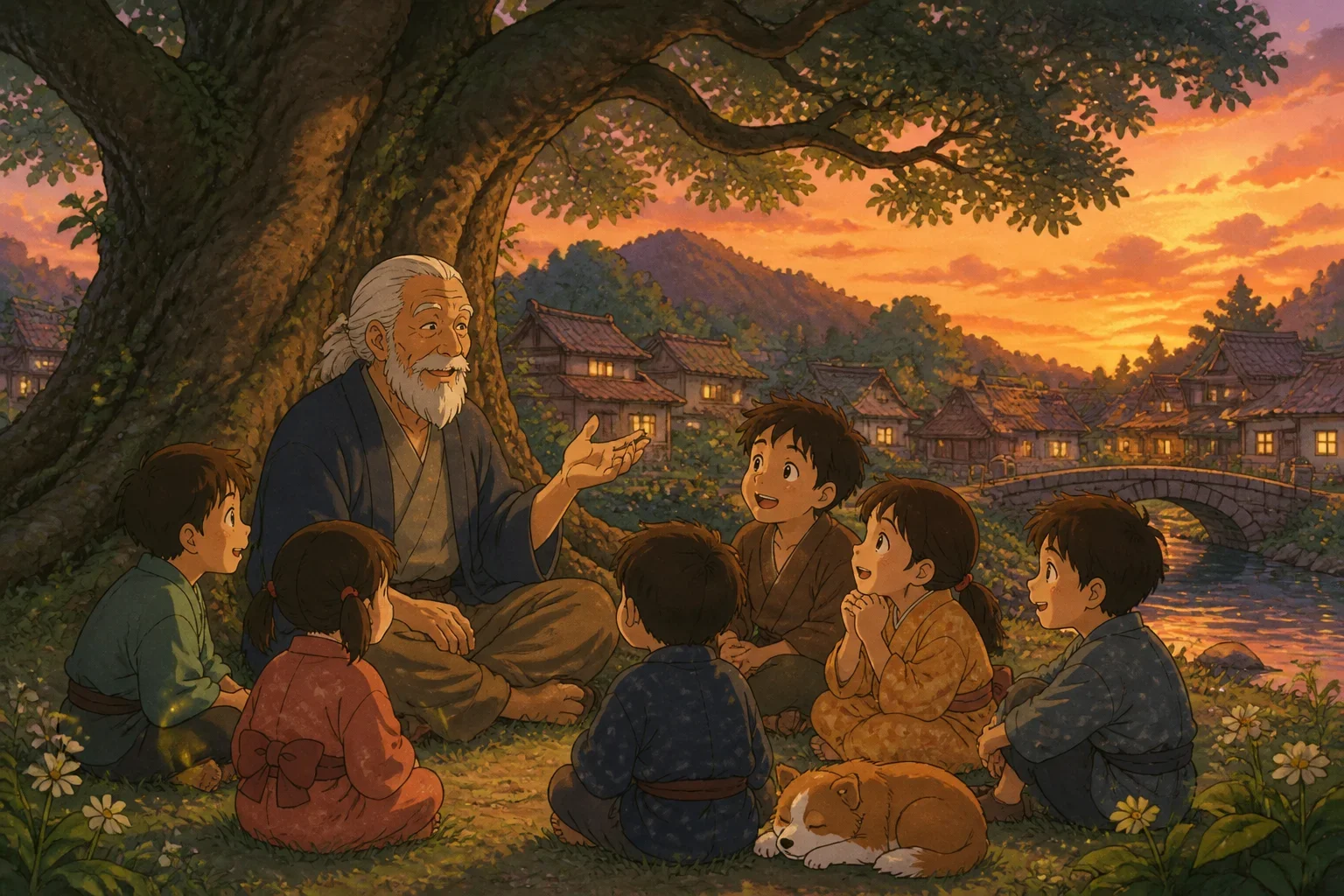 Wise old Baba Jahan sitting beneath a large, ancient tree at the edge of a peaceful village, children gathered around him listening to a story, soft evening light creates a warm, inviting atmosphere.