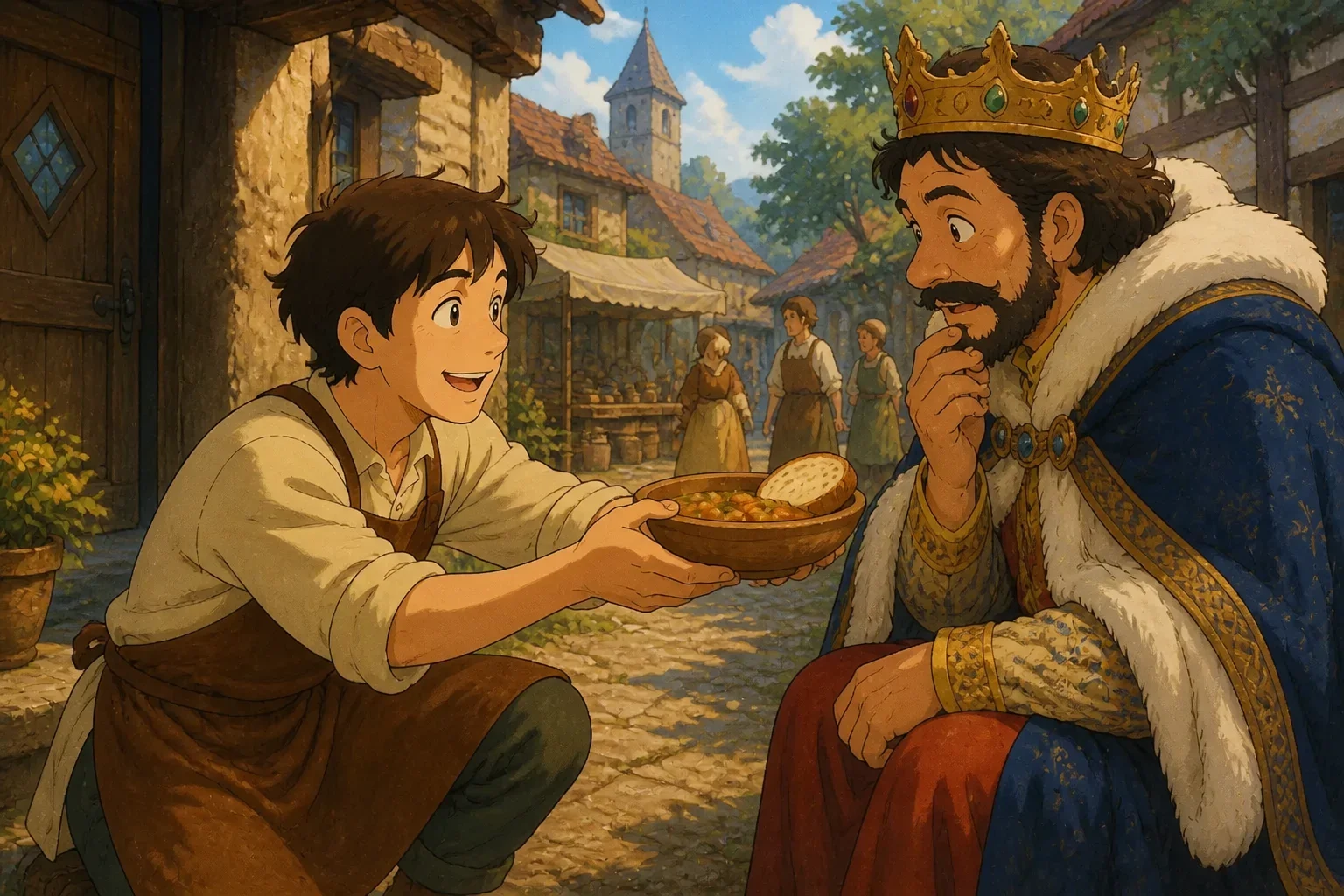 A kind-hearted carpenter giving food to a disguised old man who is now dressed in regal robes, in a humble village setting.