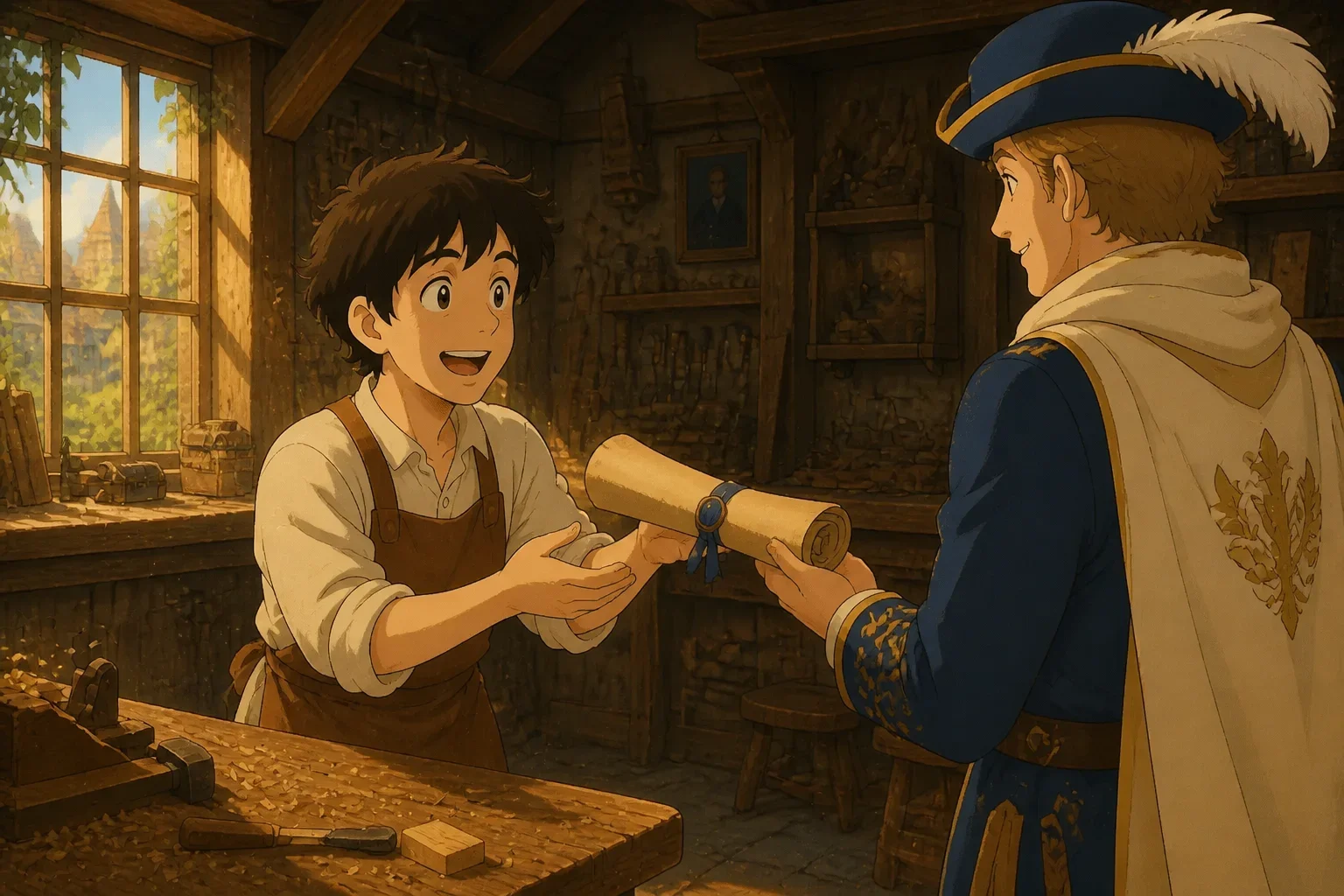 A humble carpenter receiving a royal invitation scroll from a noble messenger at his workshop, surrounded by woodworking tools and furniture.