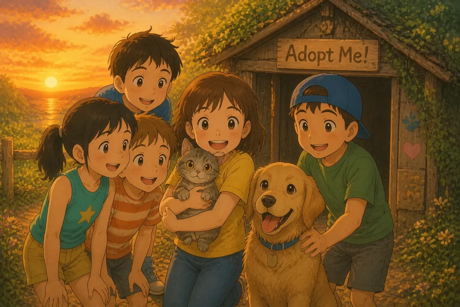 Lily and the children smiling proudly as they stand in front of a small shelter with a sign that says 'Adopt Me!', holding the rescued cat and a happy puppy.