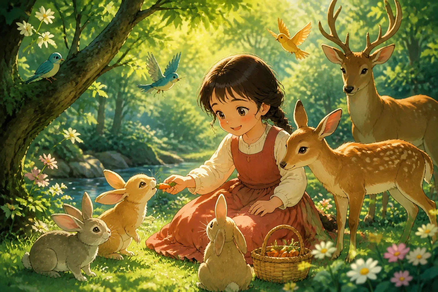 A young girl with a gentle smile in a lush green forest, surrounded by various animals like rabbits, birds, and deer, all looking happy and peaceful.