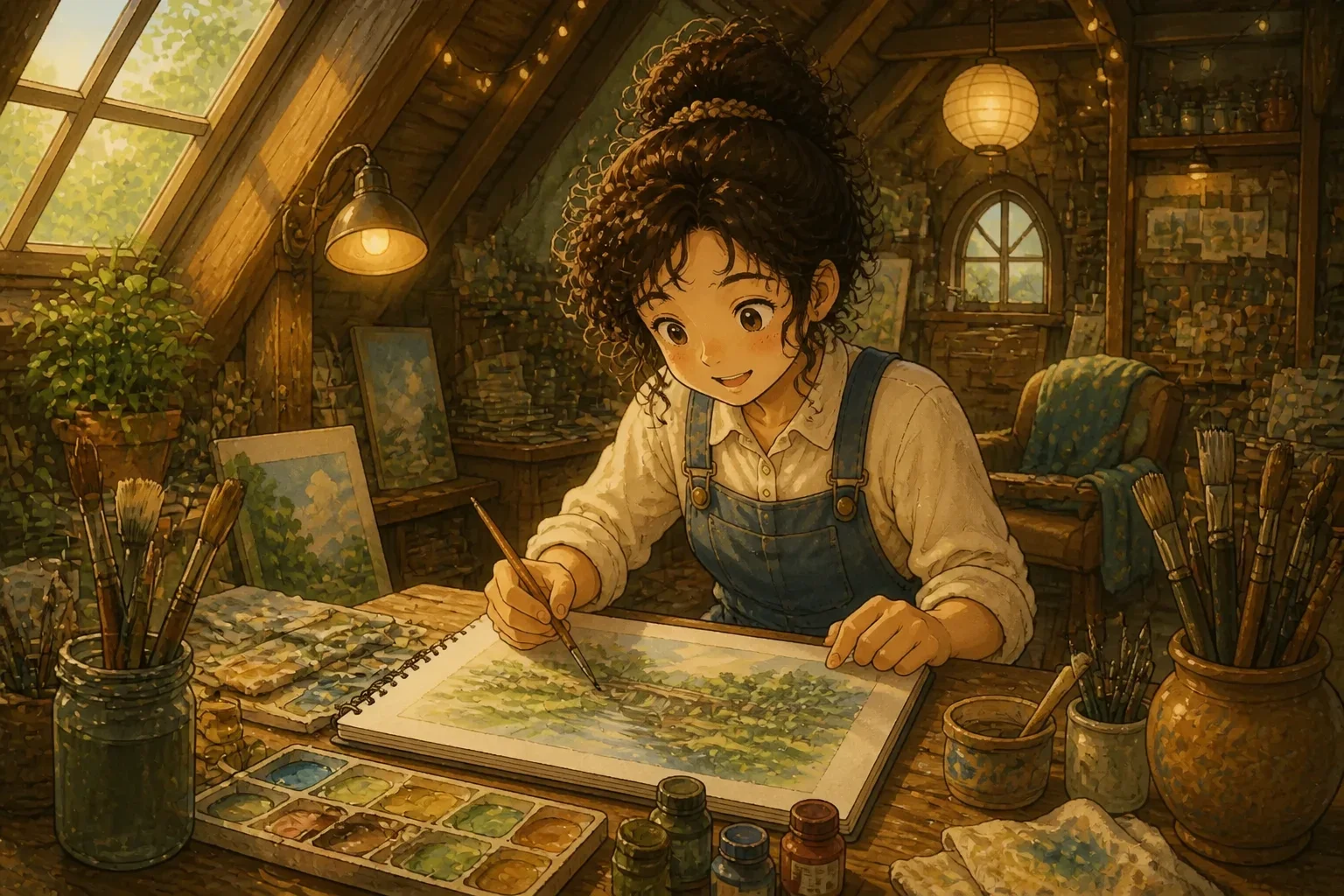 Maya working on her paintings in her cozy attic studio, surrounded by vibrant colors and sketches, with a look of concentration and hope.