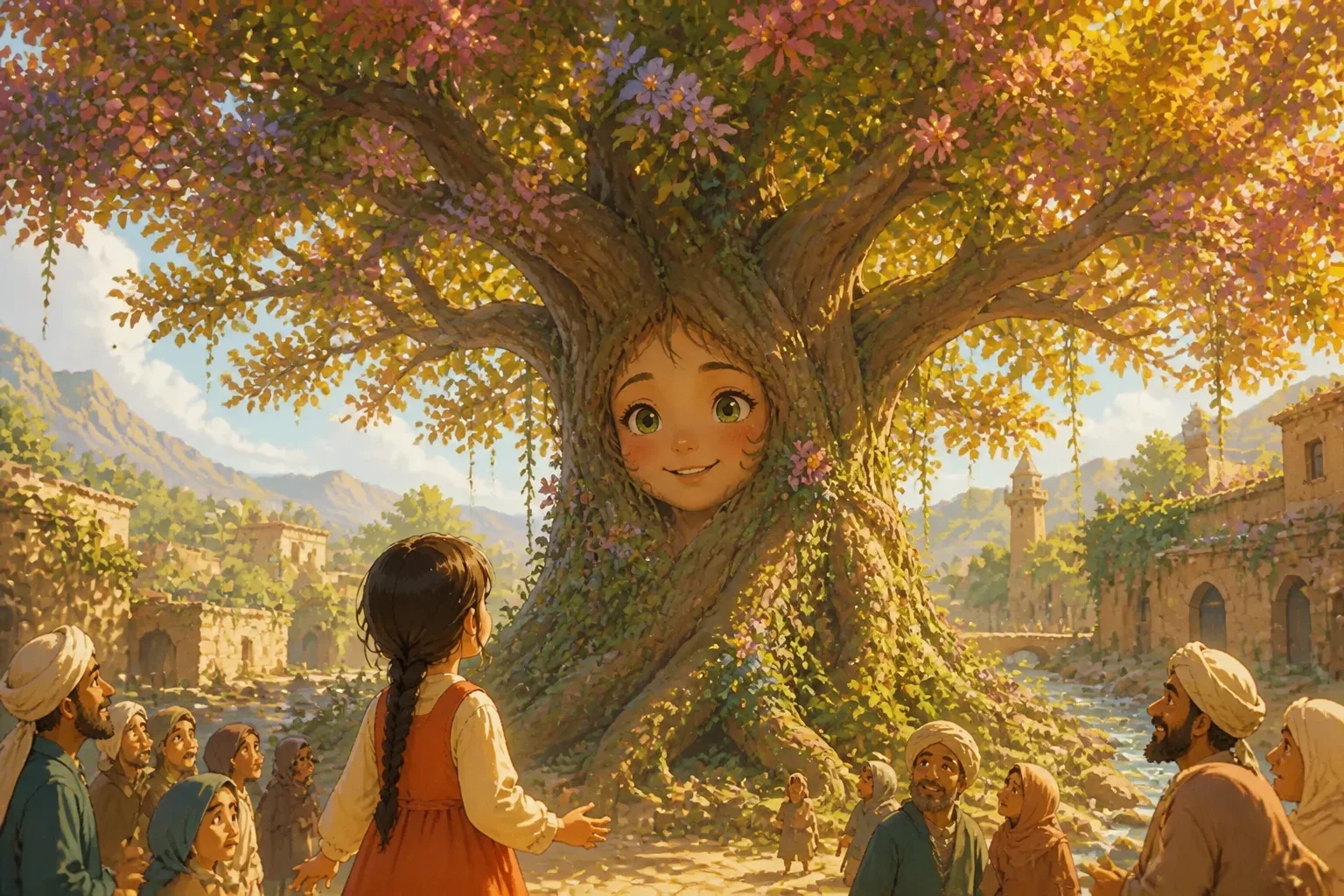 The majestic Jinni Azar, now transformed into a large, vibrant tree with blooming flowers and shimmering leaves, standing proudly in a peaceful village.