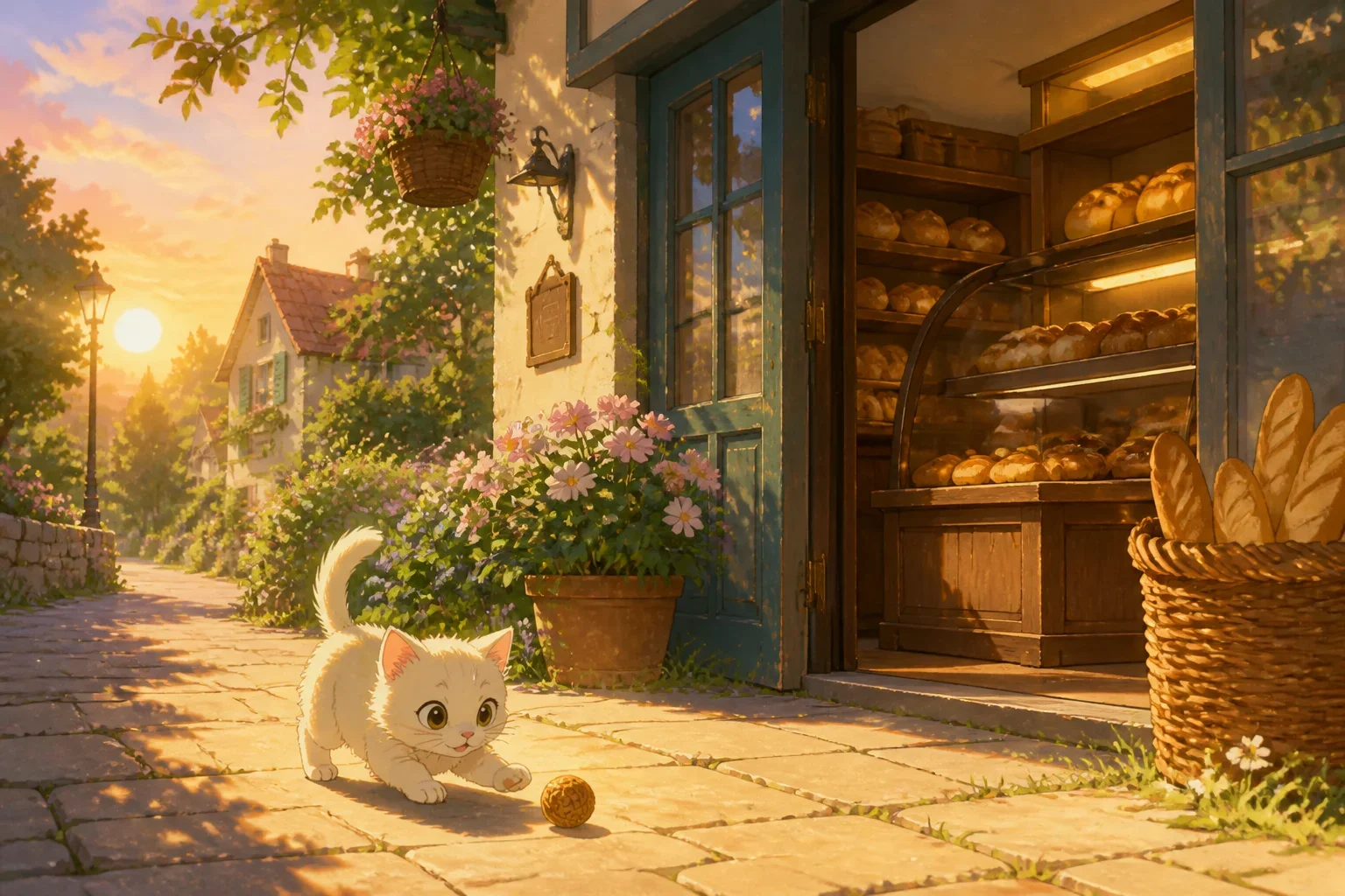 A cozy bakery on a peaceful street with warm light spilling from the windows, and a small fluffy kitten named Pudding playfully chasing dust motes in the sunlight.