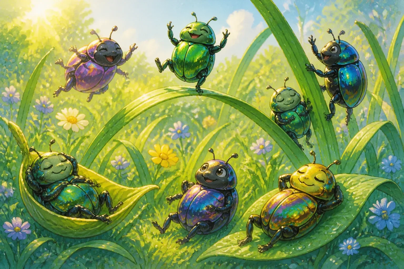 Carefree beetles with iridescent shells dancing and lounging on blades of grass in a sunny garden, appearing playful and relaxed.
