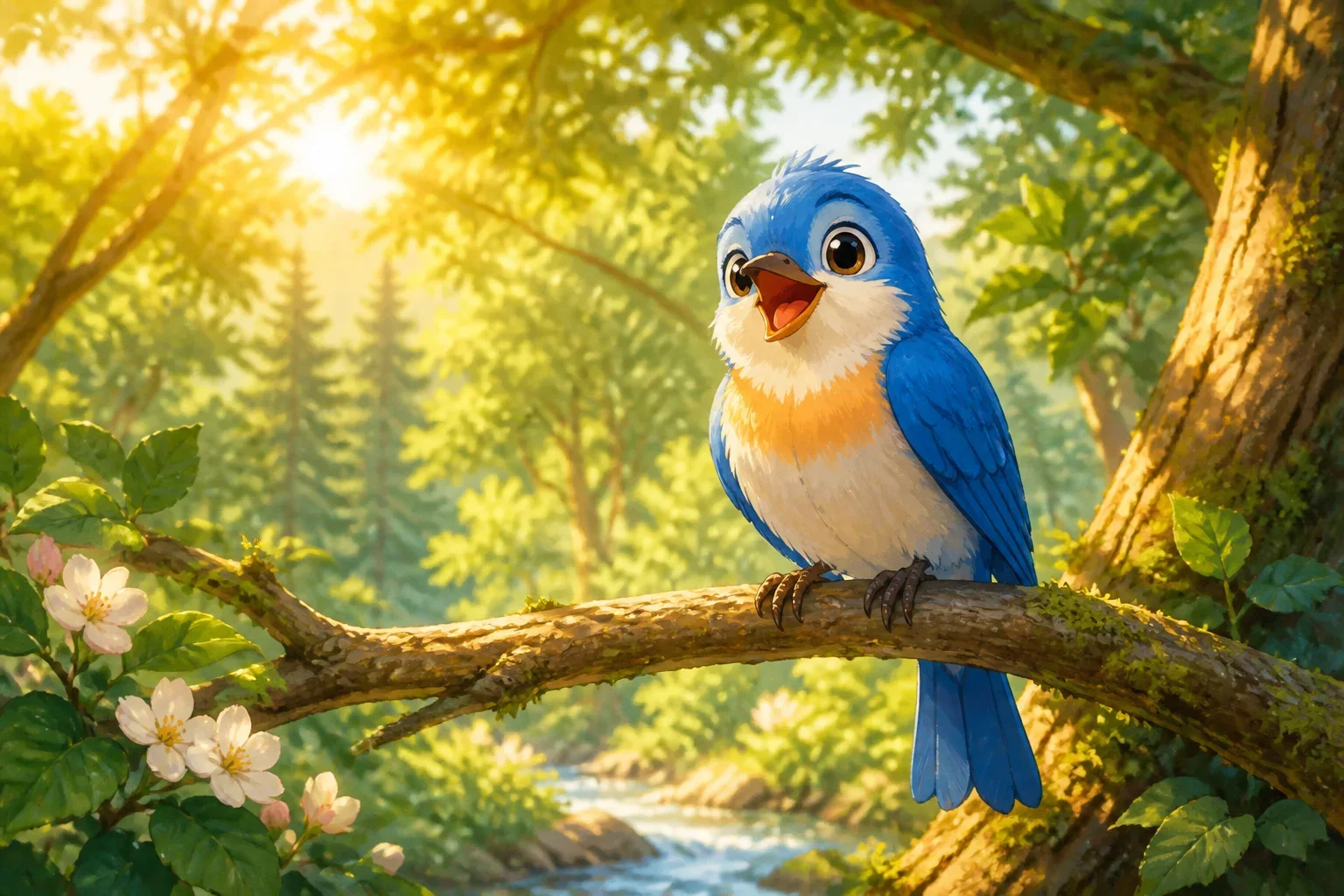 A bright bluebird named Bella perched on a tree branch, joyfully chirping in a lush, green forest.