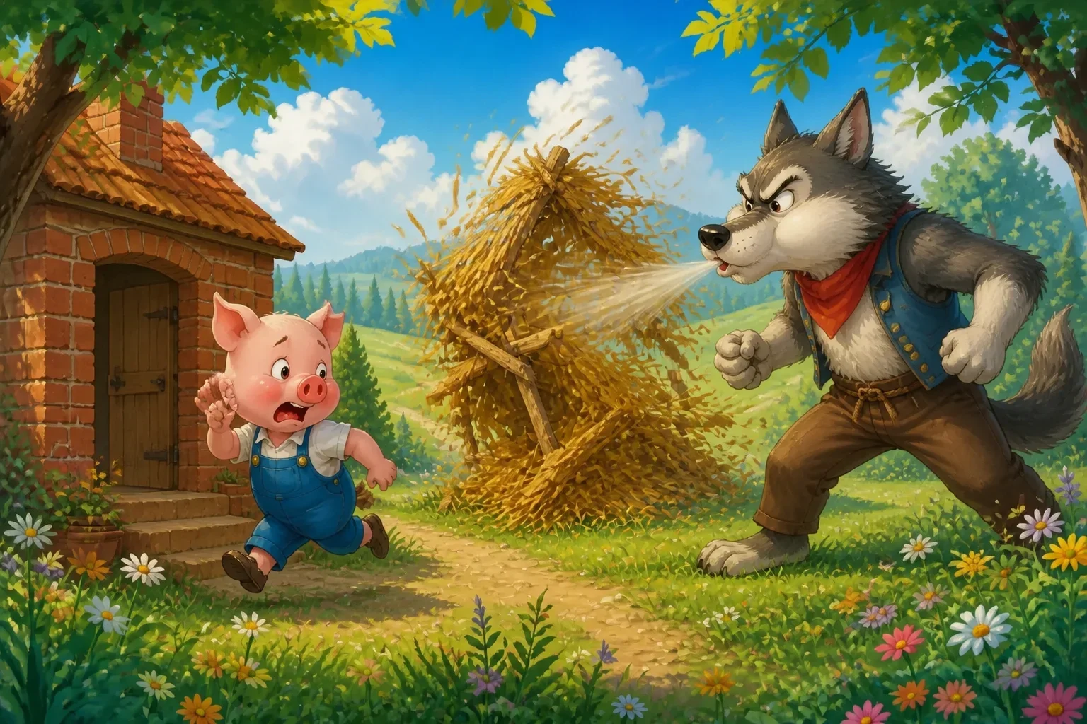 The big bad wolf huffing and puffing in front of the straw house as it begins to crumble, with the frightened pig running away towards the brick house.