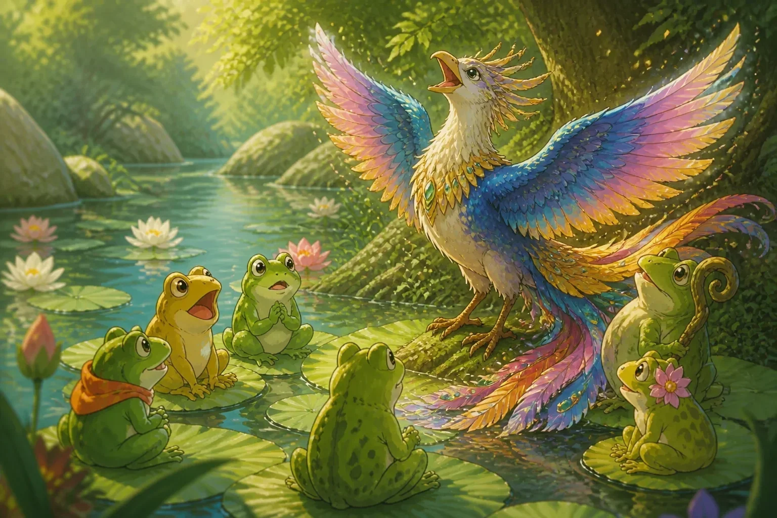 A majestic bird descending from the sky to declare itself as the new king to the frogs, who look surprised and a bit worried.