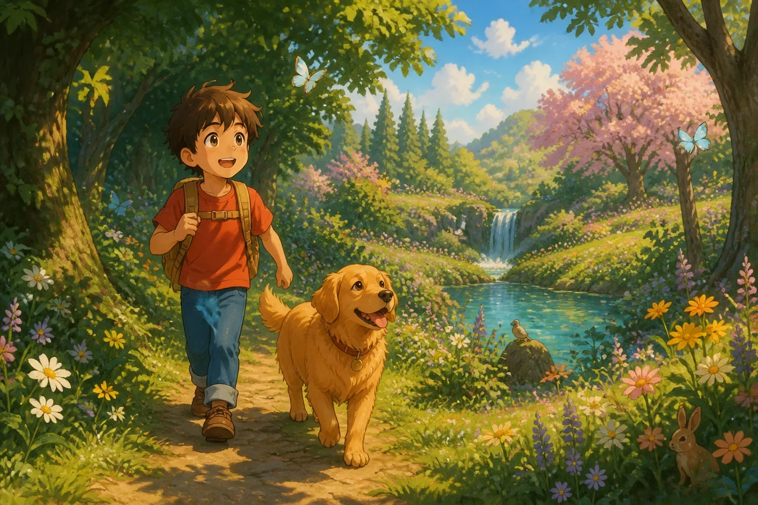 A young boy and his loyal golden retriever walking through a lush, green forest, exploring and discovering a hidden glade filled with colorful flowers and a sparkling pond.