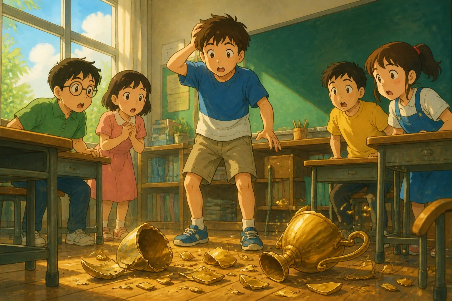 Ethan, a young boy with curious eyes, accidentally knocks over a tall, golden trophy in his classroom, causing it to shatter on the floor.