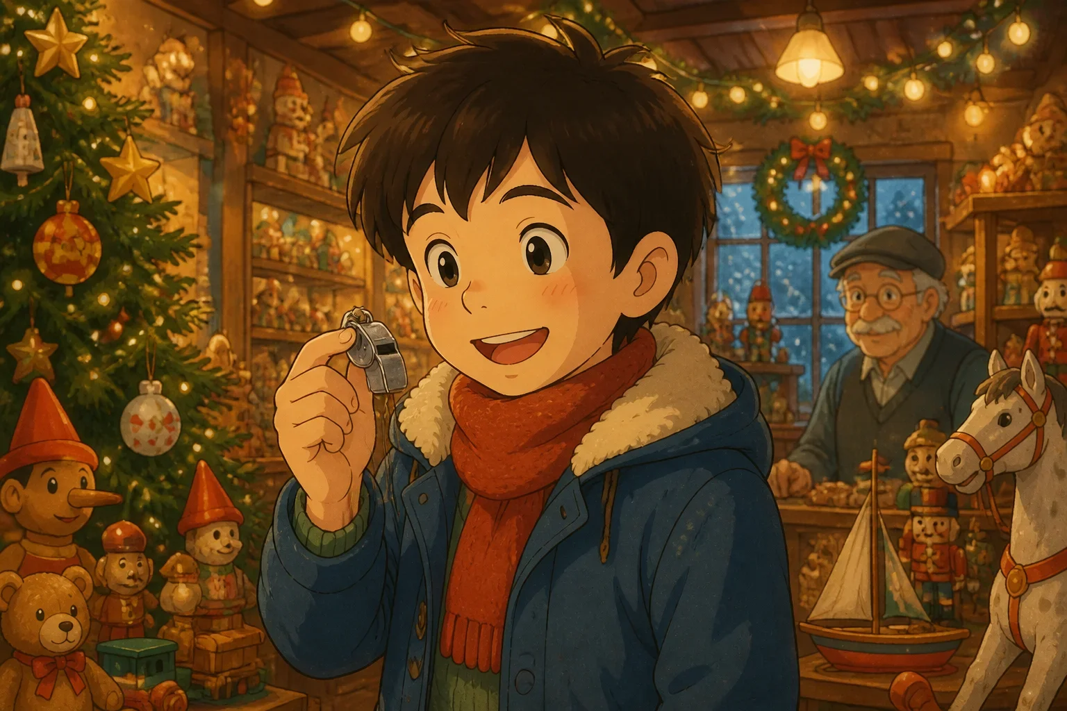 A young boy in a cozy toy shop holding up a shiny silver whistle with a warm smile, surrounded by holiday decorations.