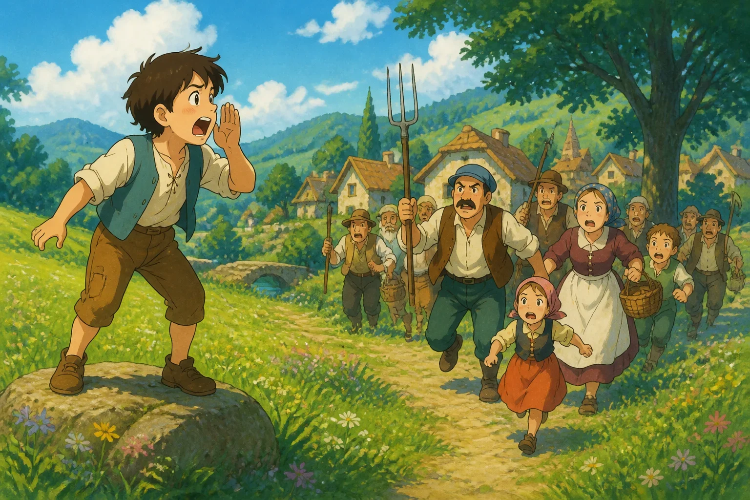 A young shepherd boy mischievously yelling 'Wolf!' while villagers rush toward the meadow with worried expressions.