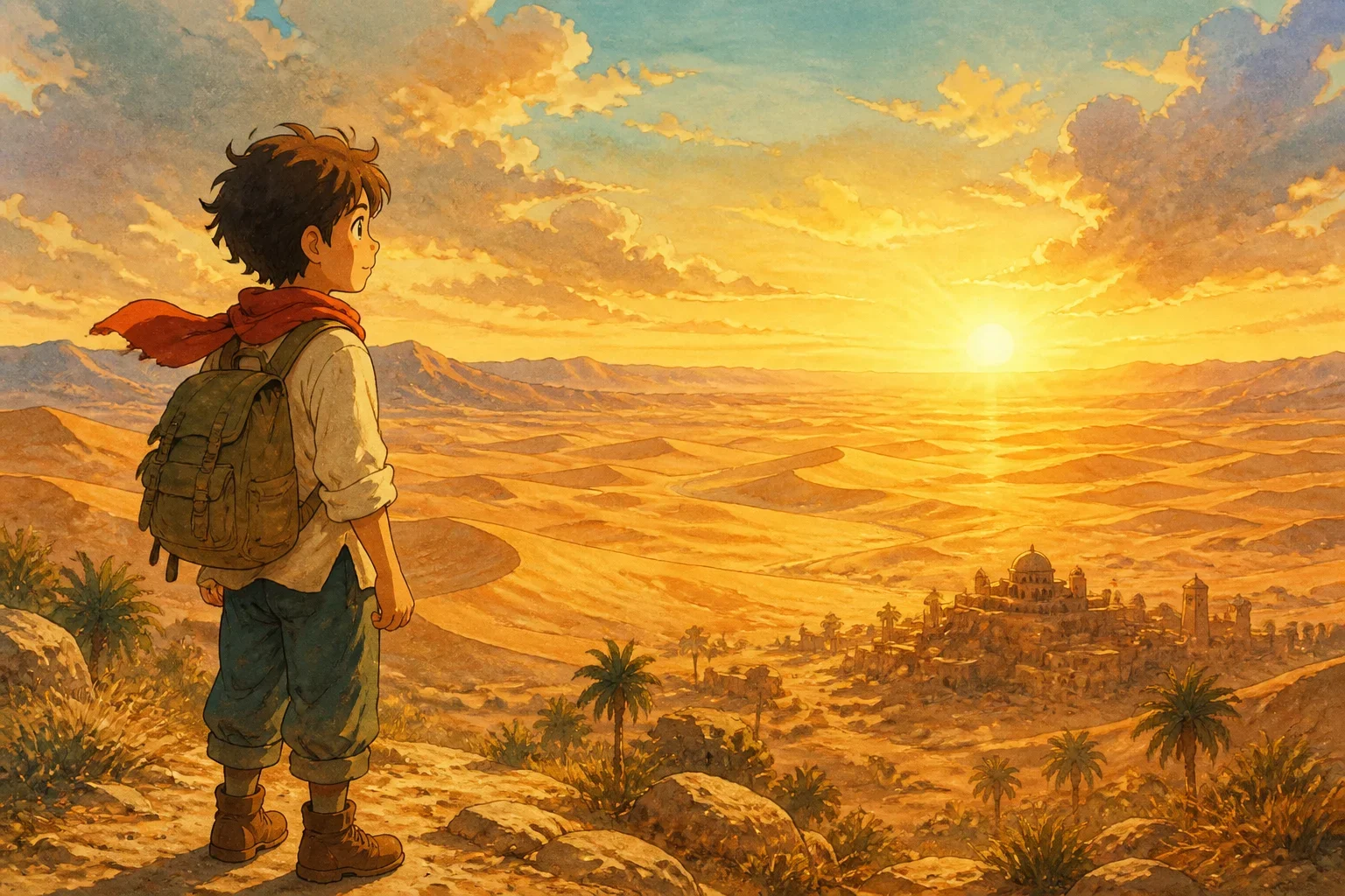 A young boy with tousled hair and a backpack, standing at the edge of a sprawling desert with golden sand dunes under a bright sunrise, showcasing an atmosphere of anticipation and adventure.