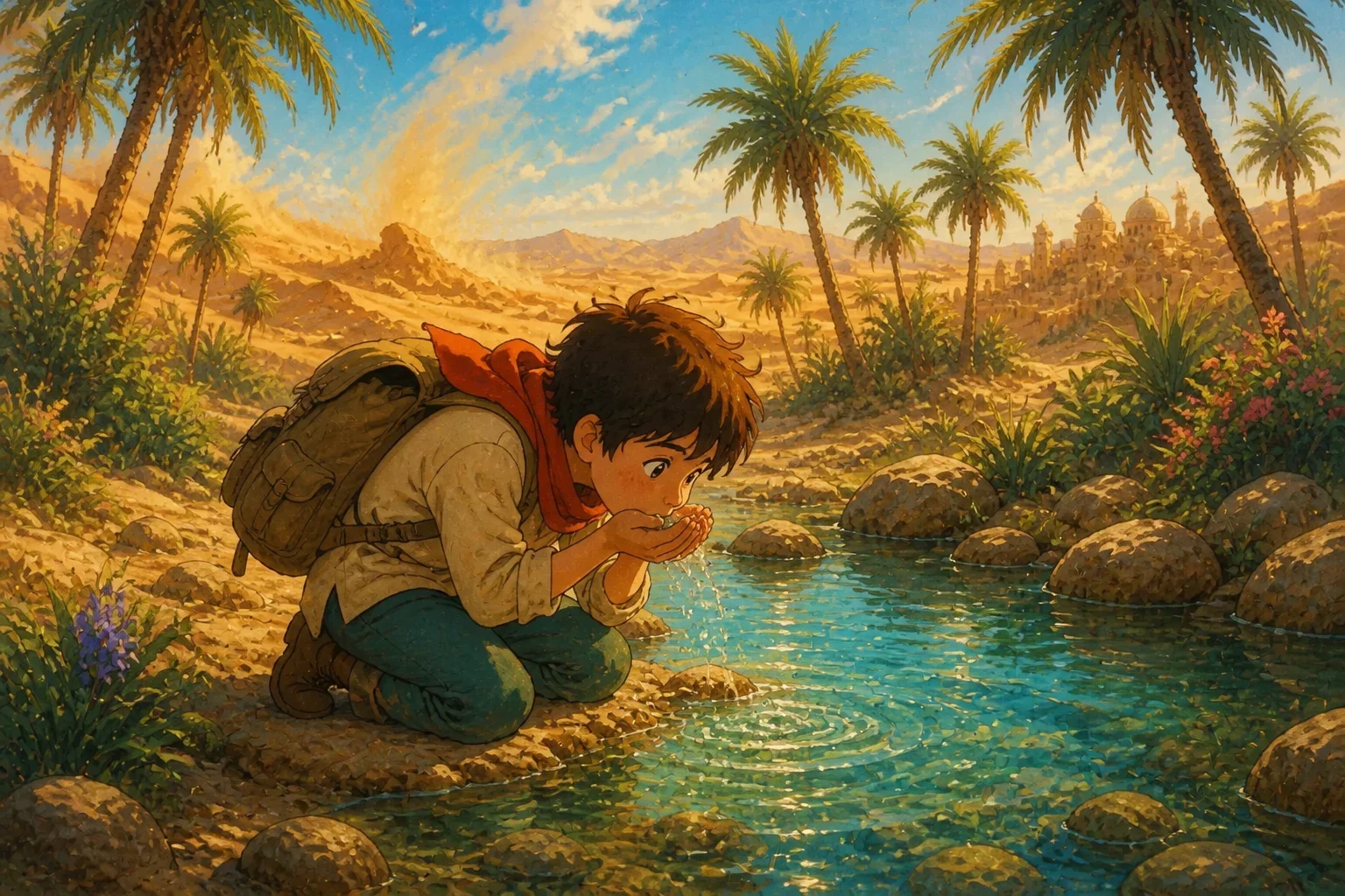 A young boy in a desert oasis, hastily drinking water from a clear pool with palm trees around, looking relieved after a long trek.