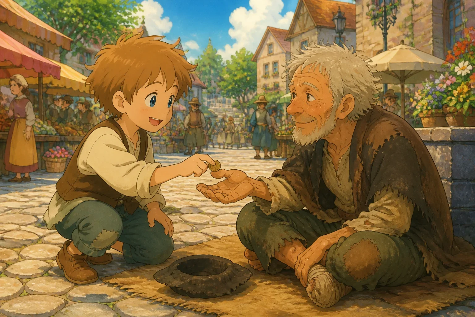 A young boy with a cheerful expression offering a shiny coin to an old beggar sitting on a worn mat in a lively town square.