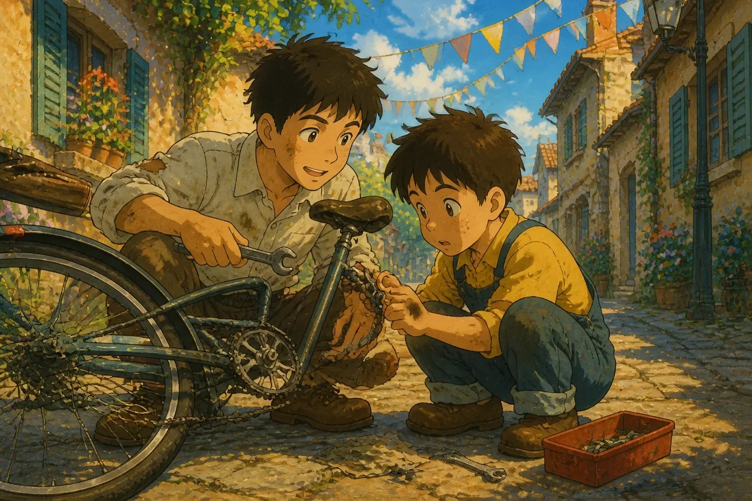 William helping Samuel fix his bicycle on the sidewalk, showing empathy and kindness between two boys in a lively, colorful street setting.