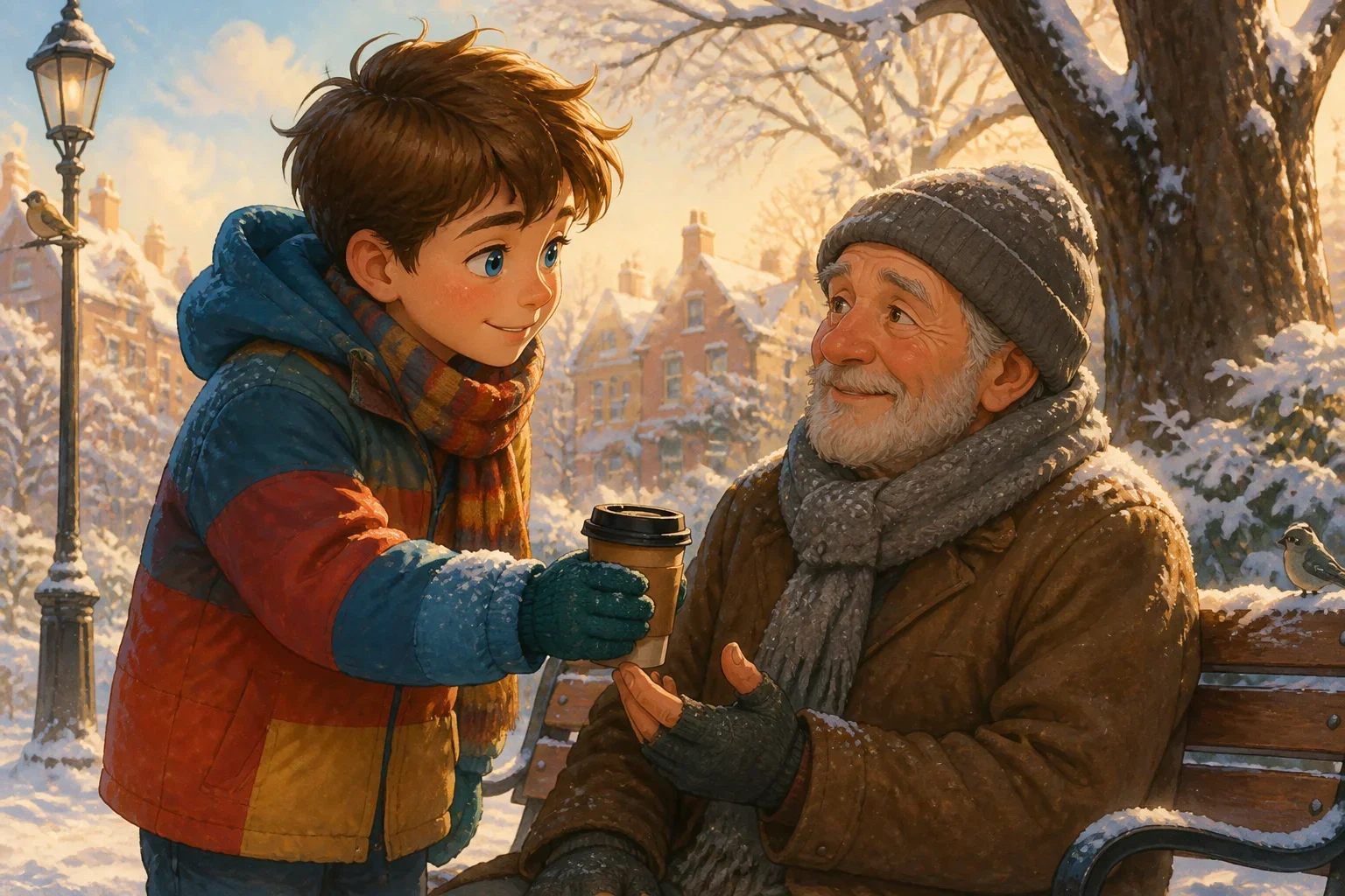 A young boy with a warm coat and mittens offers assistance to an old man sitting on a bench in a snowy park, both smiling warmly amidst winter scenery.