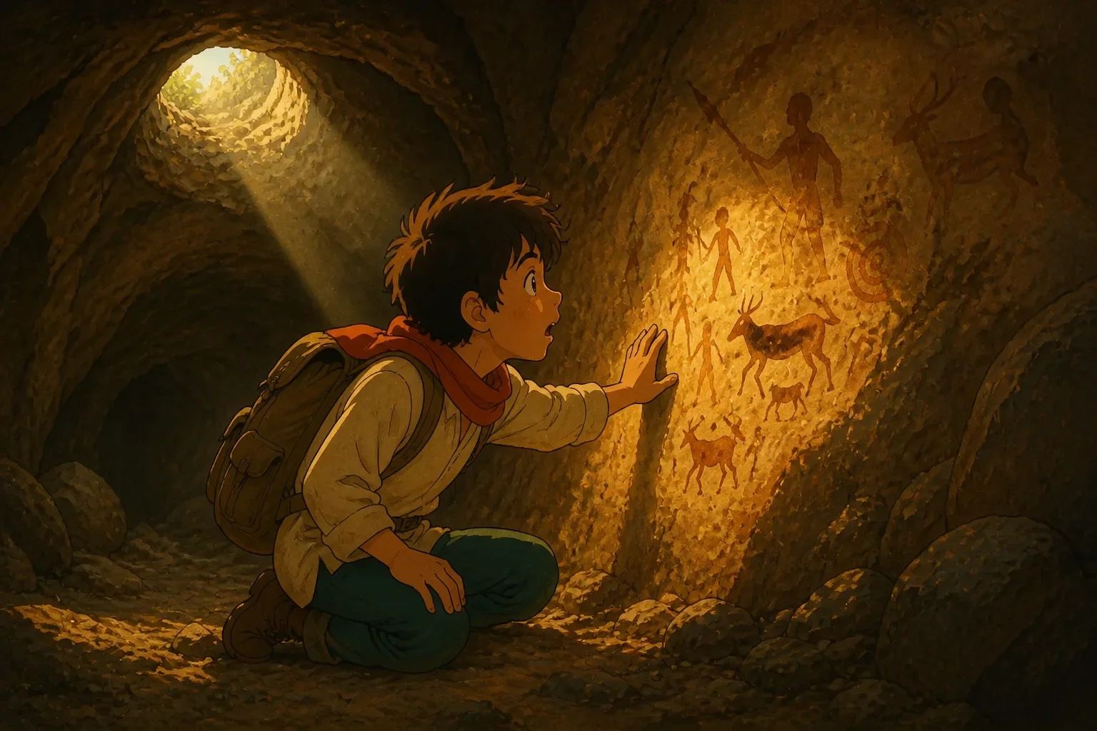 A boy exploring inside a dark cave illuminated by the light filtering through an opening, discovering ancient drawings on the walls.