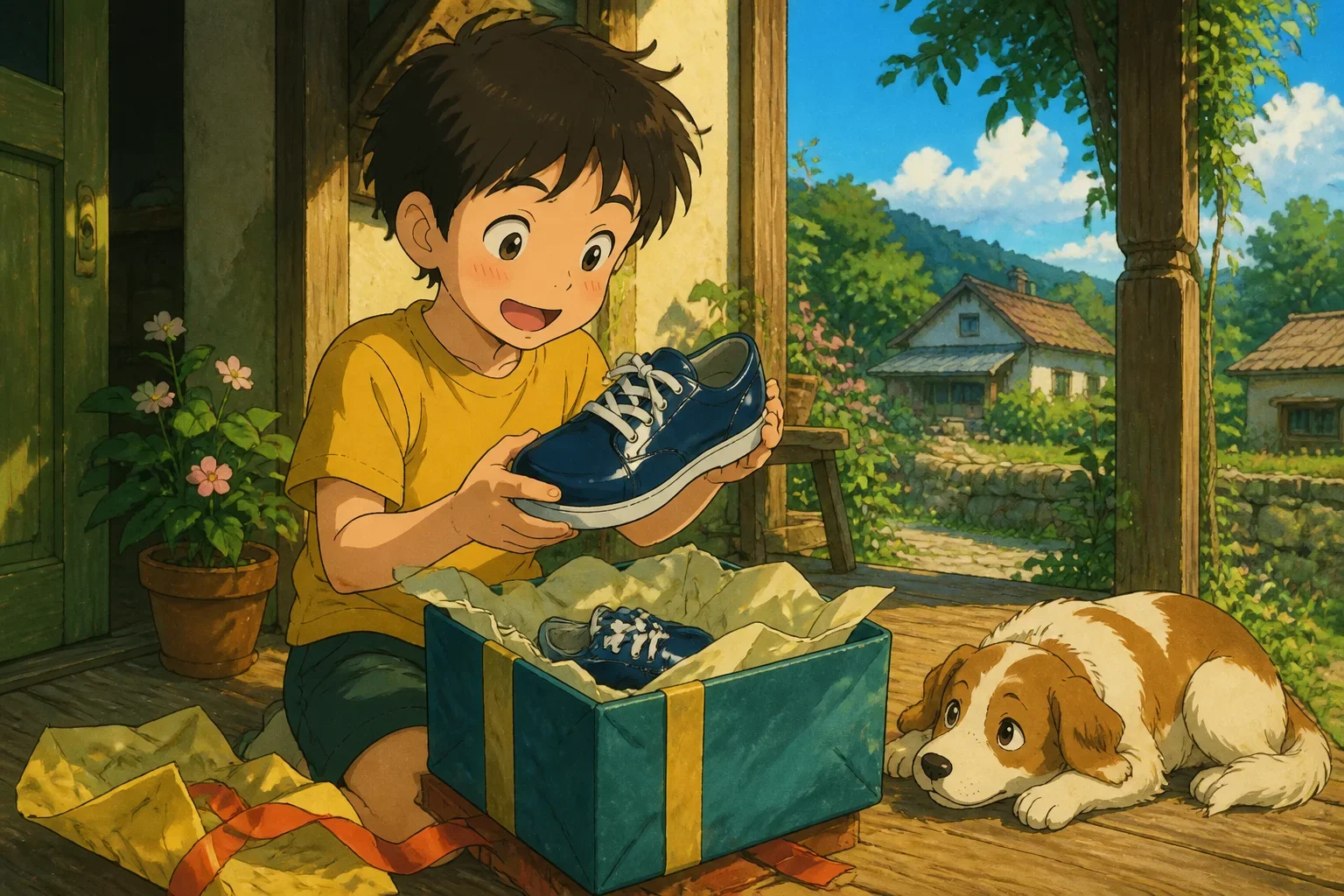 Young boy excitedly opening a box to find a beautiful new pair of shoes on the porch of his house, with soft sunlight illuminating the scene.